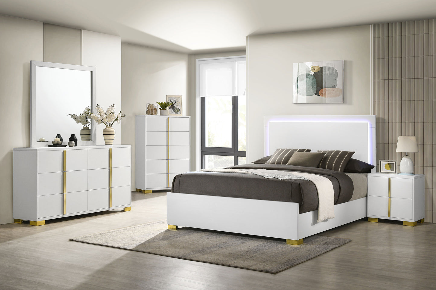 Marceline Wood Queen LED Panel Bed White